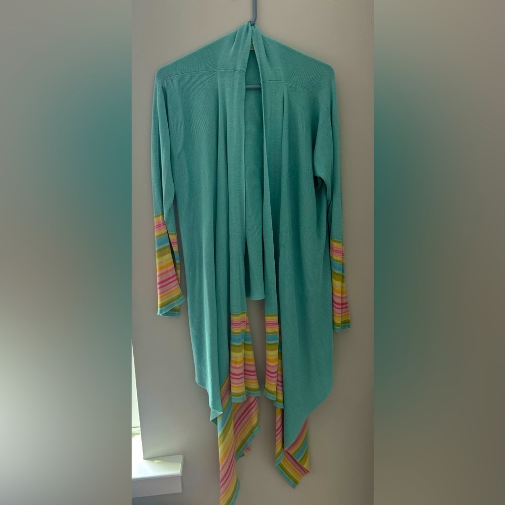 VTG J Jill M 100% silk aqua rainbow stripe
High low open cardigan sweater